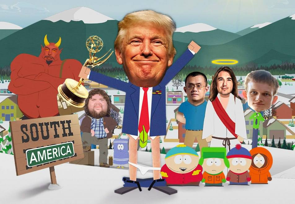 Political parody collage of Donald Trump and crypto personalities in a cartoon mountain town, with a South America sign.